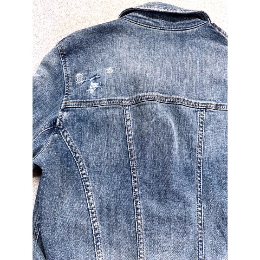 White House Black Market Distressed Denim Jacket Womens Sz 8 Stretch Jean Jacket - Picture 12 of 12